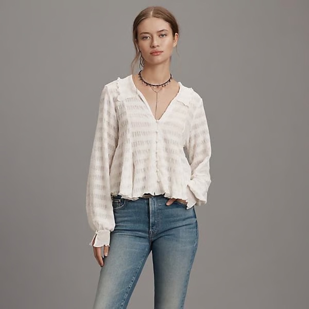 NWOT Anthropologie Long-Sleeve Button-Front Textured Blouse - Picture 5 of 12